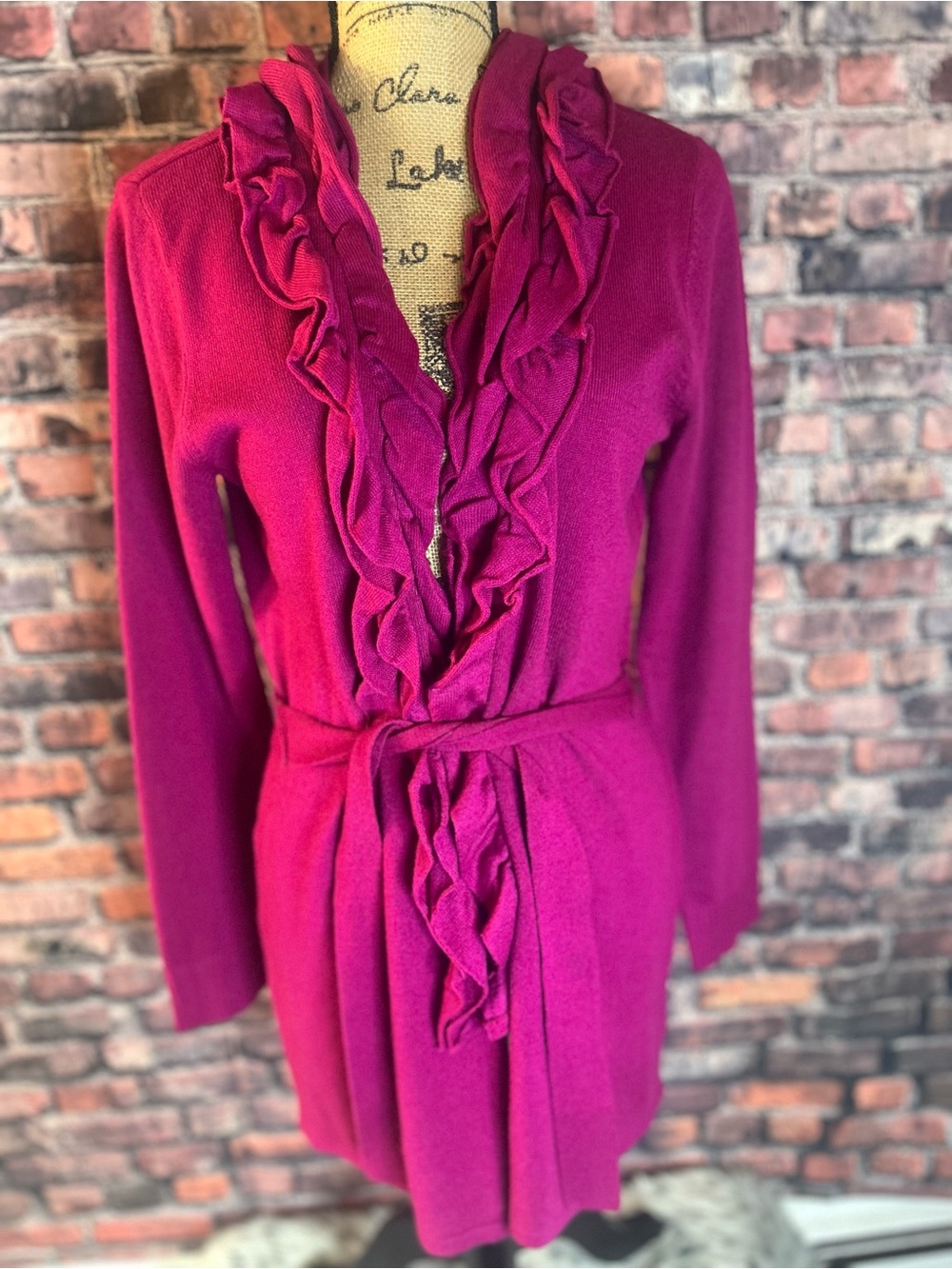 New York & Company Fuchsia Ruffled Open-Front Cardigan